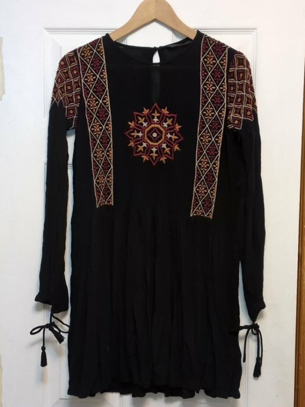 Zara Trafaluc Size S Black Embroidered Gauze Boho Mini Dress Long Sleeve Tassel